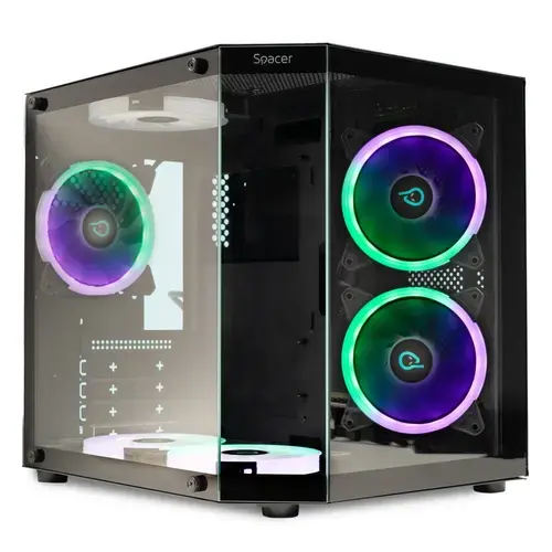 Carcasa SPACER AQUARIUM, Mini Tower, mATX, fara sursa, sticla securizata, USB 3.0 x 1, USB Type-C x 1, HD-Audio, Jack 3.5mm x 1, PSU shroud, Negru