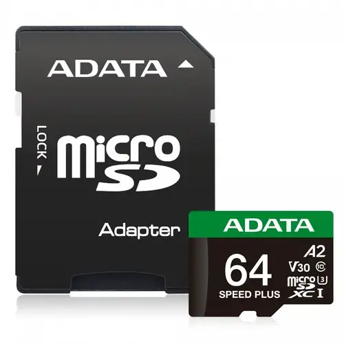 Card de memorie ADATA SPEED PLUS, 64GB, microSDXC, UHS-I U3, V30, A2, 160/140 MB/s + Adaptor SD inclus