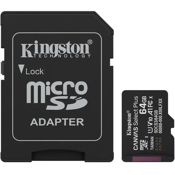 Card de memorie Kingston SDCS3/64GB MicroSDXC, 64GB, Select Plus, Clasa 10 UHS-I + Adaptor