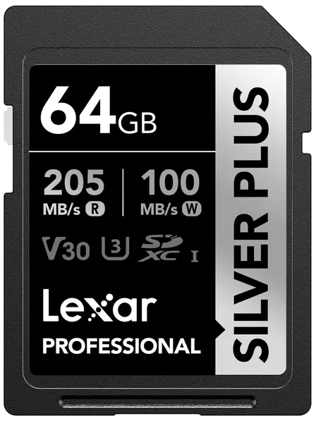 Card de Memorie Lexar Professional SILVER PLUS SDXC 64GB, UHS-I, U3, V30, Citire 205 MB/s, Scriere 150 MB/s, Inregistrare 4K