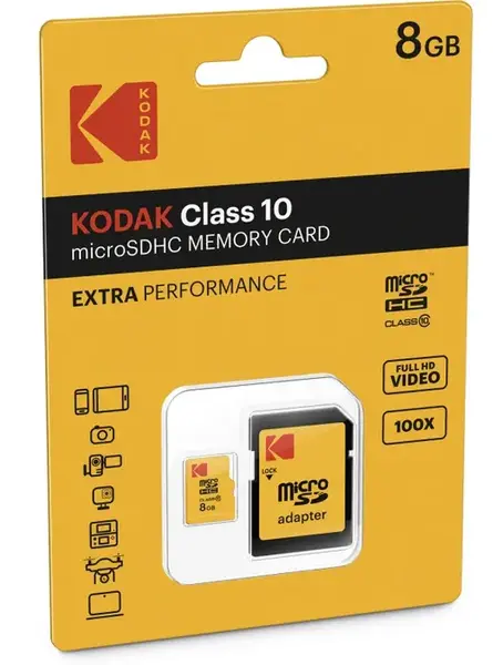 Card Memorie microSDHC Kodak Extra Performance, 8Gb, Clasa 10, Cu Adaptor EKMSDM8GHC10CK