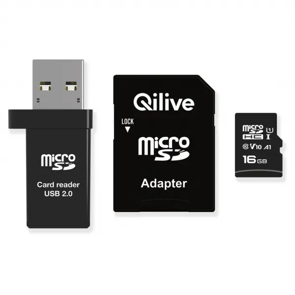 Card Memorie microSDHC Qilive, 16Gb, Clasa 10, Cu Cititor Card si Adaptor EKMSDM16GHC10QL
