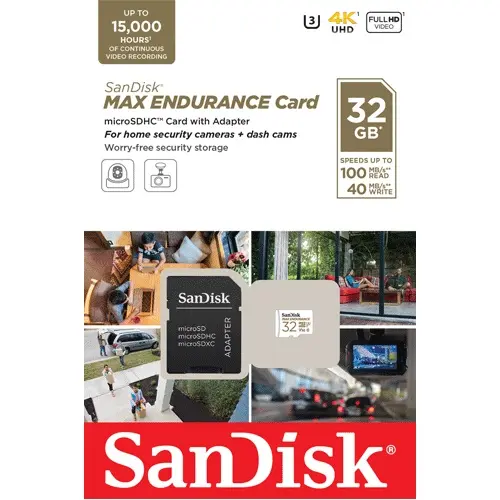 Card MicroSD SanDisk MAX Endurance 32GB pentru supraveghere 24/7, UHS-I U3 V30 C10, SDSQQVR-032G-GN6IA
