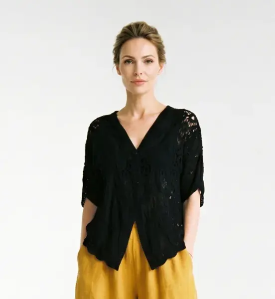 Cardigan de vara din bumbac cu broderie sparta si colturi frontale, negru