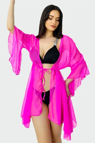 Cardigan scurt de plaja ZyZy, cu maneca evazata si snur in talie, Fucsia