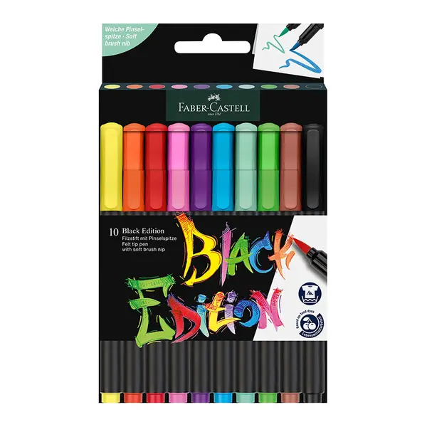 Carioci cu varf tip pensula, 10culori/set, Black Edition Faber-Castell