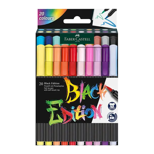 Carioci cu varft tip pensula, 20culori/set, Black Edition Faber-Castell