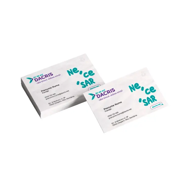 Carti de vizita 4+4 cu plastifiere față/verso – format 90×50 mm, carton DCM 350 g/mp Carti de vizita 4+4 cu plastifiere față/verso – format 90×50 mm, carton DCM 350 g/mp
