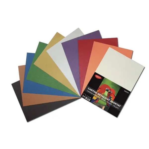 Carton metalizat A4, 120 g/mp, 50 coli/top, 10 culori, Daco
