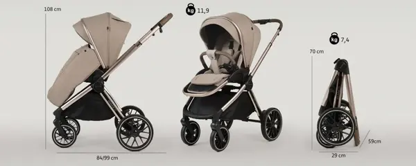 Carucior 2 in 1 Adamex Bianco Deluxe Collection cu suspensii, maner reglabil, certificat EN18882022 pana la 22 kg, Natura Latte