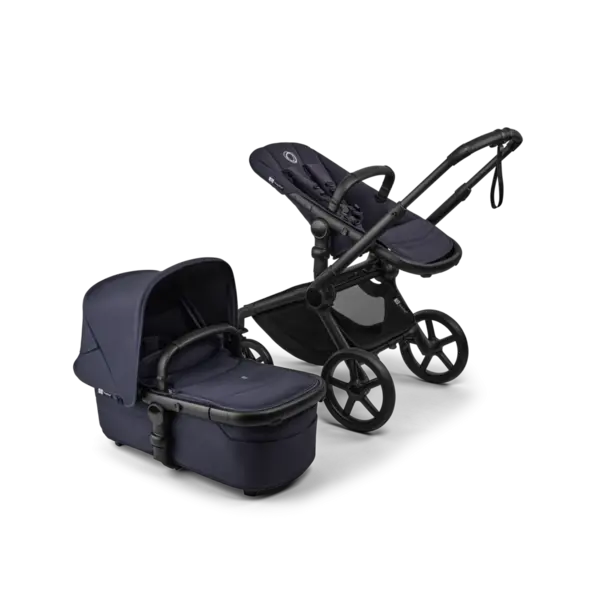 Carucior 2 in 1 Bugaboo Fox 5 Renew Black Deep Indigo cu maner reglabil, reversibil, suspensii, cadru din aluminiu