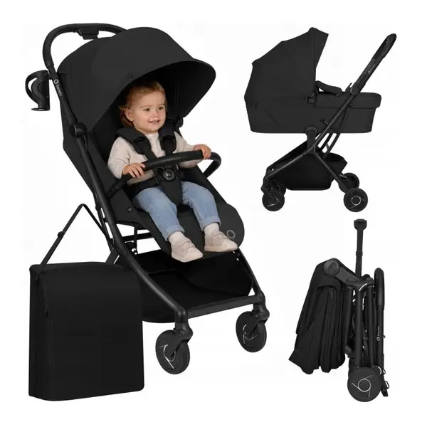 Carucior 2 in 1, Lionelo, Sia Flex, 7.6 kg, Include landou pliabil pe cadru, Ultracompact, Pliere rapida cu o mana, Copertina UPF50+, Cu accesorii incluse, 0-48 luni, Sustine 22 kg, Negru