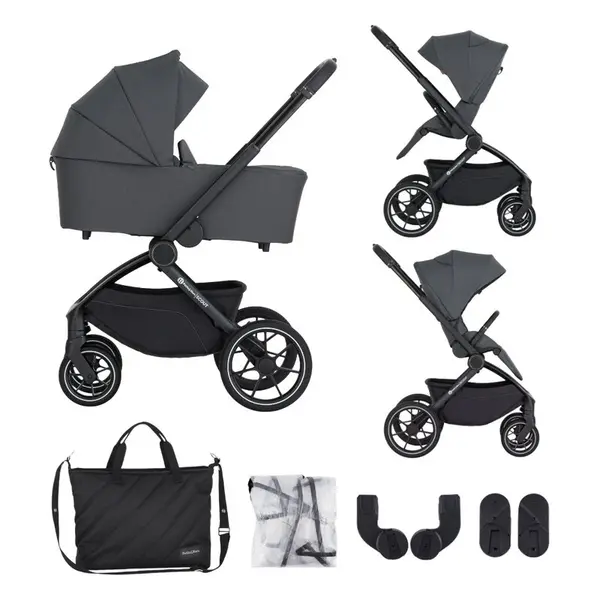 Carucior 2 in 1, Petite&Mars, Scout, Cu landou pliabil, Reversibil, Spatar si suport de picioare reglabile in 3 pozitii, Maner ajustabil, Cu accesorii, Pana la 22 kg, 0 luni+, Gri