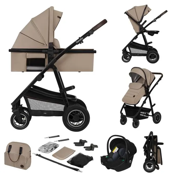 Carucior 3 in 1, Lionelo, Amber, Landou intarit, Scoica auto testata ADAC, Reversibil, Cu accesorii, Geanta parinti, Pana la 22 kg, Bej