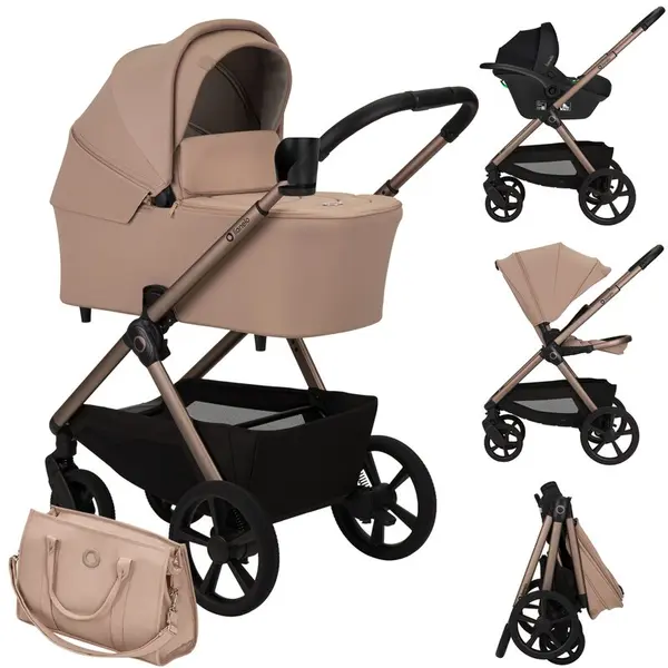 Carucior 3 in 1, Lionelo, Carmine, Cu scoica ADAC, Landou anti-reflux, Salteluta ventilata, Reglare spatar in 3 pozitii, Suport de picioare in 3 pozitii, Maner reglabil in 5 pozitii, Sustine 22 kg, Cu accesorii, 0 luni+, Bej