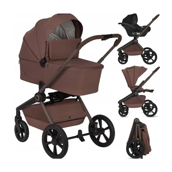 Carucior 3 in 1, Lionelo, Freya, Cu scoica ADAC, Landou si salteluta ventilate, Pliabil, Reglare spatar in 3 pozitii, Suport de picioare in 4 pozitii, Maner reglabil in 3 pozitii, Sustine 22 kg, Cu accesorii, 0 luni+, Maro