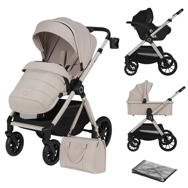 Carucior 3 in 1, Lionelo, Layla, Pana la 22 kg, Cadru aluminiu, Cu landou intarit si salteluta din spuma AirDots, Cu scoica auto testata ADAC, Reversibil, Cu ventilatie 3D, Cu accesorii, EN1888-1, EN1888-2, EN1466, Bej