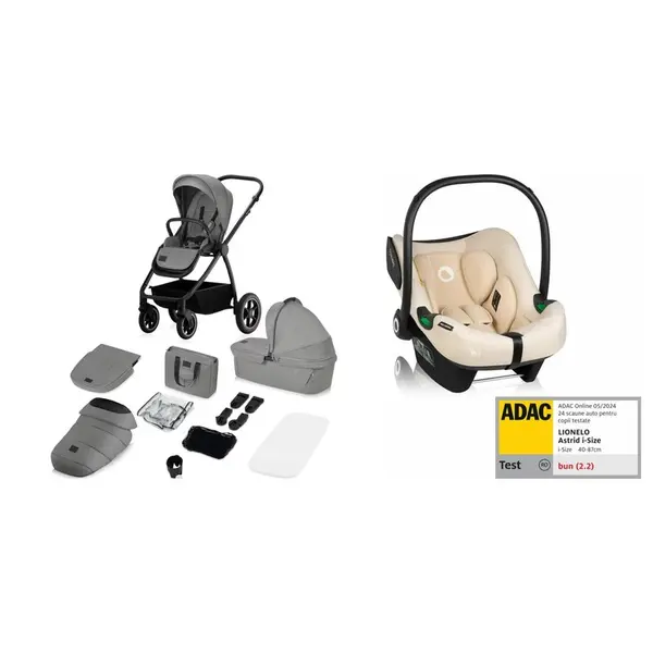 Carucior 3 in 1, Lionelo, Meril, Cu landou de dimensiune XL, Reversibil, Cu scoica auto testata ADAC, Cu accesorii, Pana la 22 kg, EN1888-1 EN1888-2, EN1466, Gri/bej