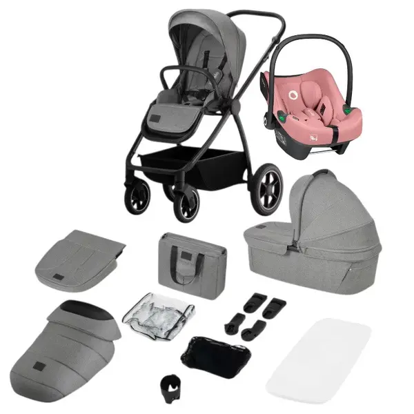 Carucior 3 in 1, Lionelo, Meril, Cu landou de dimensiune XL, Reversibil, Cu scoica auto testata ADAC, Cu accesorii, Pana la 22 kg, EN1888-1 EN1888-2, EN1466, Gri/roz