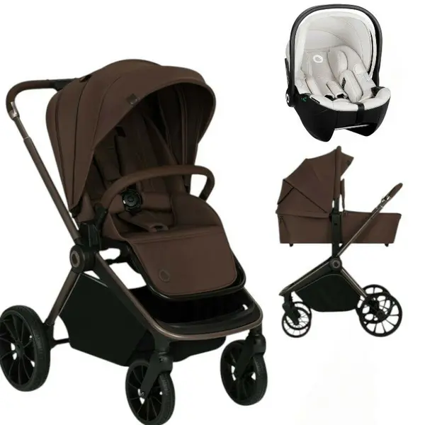 Carucior 3 in 1, Lionelo, Mika Plus, Cu scoica auto Moxie Bej Reversibil, Cu sistem de ventilatie 3D, Cu accesorii, Pana la 22 kg, EN1888-1 EN1888-2 EN1466 ECE R129, Maro