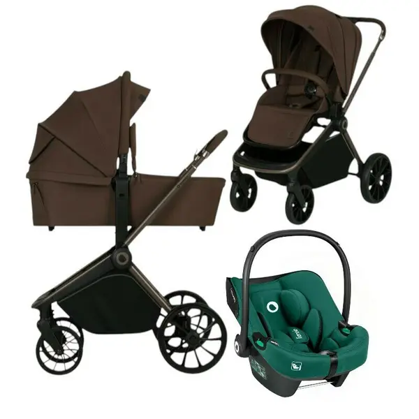 Carucior 3 in 1, Lionelo, Mika Plus, Cu scoica auto Verde testata ADAC, Reversibil, Cu sistem de ventilatie 3D, Cu accesorii, Pana la 22 kg, EN1888-1 EN1888-2 EN1466 ECE R129, Maro