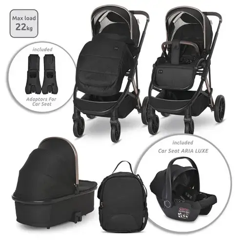 Carucior 3 in 1 Lorelli Aria, cosulet auto Aria Luxe 40-87 cm inclus, accesorii incluse, 0 - 22 kg, Negru