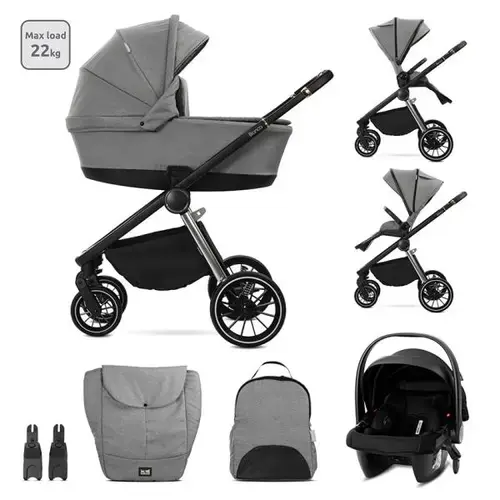 Carucior 3 in 1 Lorelli Bianca, cos landou individual, cosulet auto Aria Luxe inclus, cadru din aluminiu, pana la 22 kg, Gri