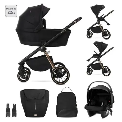 Carucior 3 in 1 Lorelli Bianca, cos landou individual, cosulet auto Aria Luxe inclus, cadru din aluminiu, pana la 22 kg, Negru