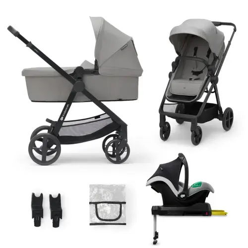 Carucior 4 în 1 KinderKraft Newly, 0 - 22kg, scoica auto Mink Prf cu baza Isofix inclusa, Gri