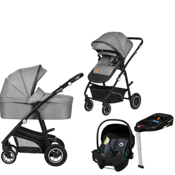 Carucior 4 in 1, Lionelo, Bianka, Transformabil, Cu landou si salteluta moale, Cu scoica auto, Baza isofix pentru scoica, Cu multiple accesorii, Sustine 22 kg, 0 luni+, EN1466:2014+AC:2015, EN1888, Gri