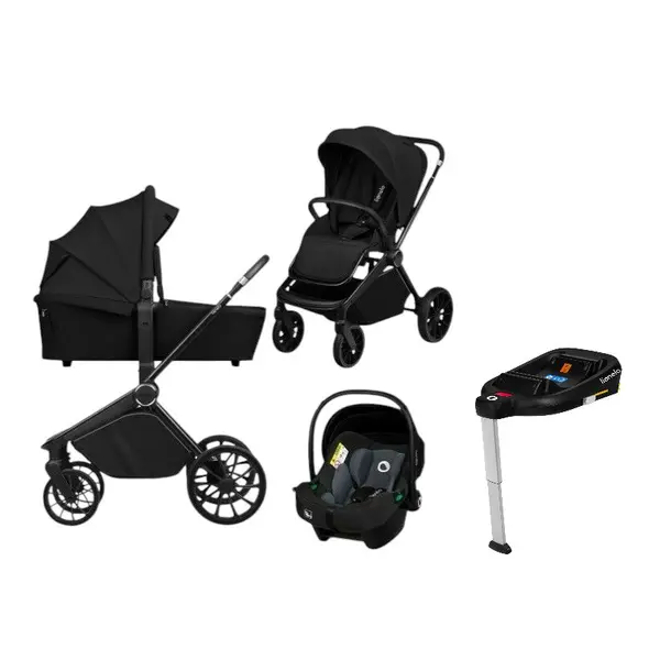 Carucior 4 in 1, Lionelo, Mika Plus, Cu landou intarit si salteluta moale, Cu scoica auto testata ADAC, Baza isofix pentru scoica, Reversibil, Sistem de ventilatie 3D, Cu accesorii, Pana la 22 kg, EN1888-1 EN1888-2 EN1466 ECE R129, Negru