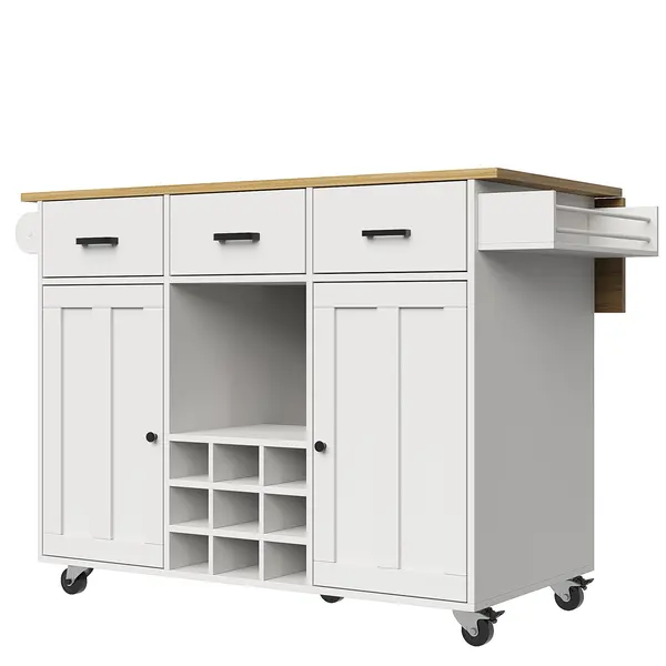 Cărucior de bucătărie cu blat rabatabil, 3 sertare, 2 uși, compartiment pentru vin și suport pentru prosoape, 124x40/65x91,5 cm, Alb
