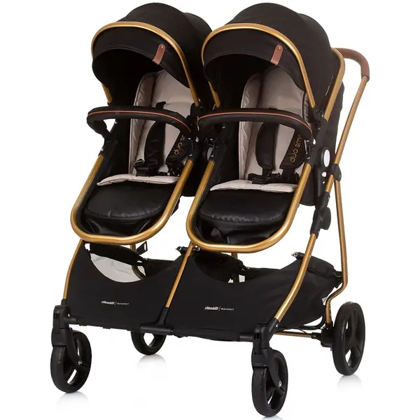 Carucior gemeni Chipolino Duo Smart, 2 in 1, reversibil, sport, landou, pliabil, negru/auriu KID056377, la doar 1.871,00 lei