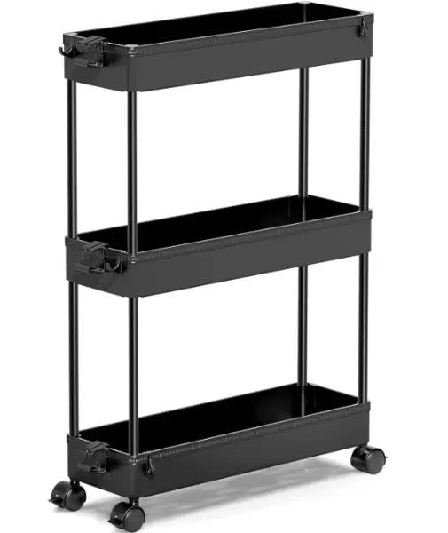 Carucior ingust de depozitare cu 3 niveluri si roti 40 × 13 × 63 cm NEGRU