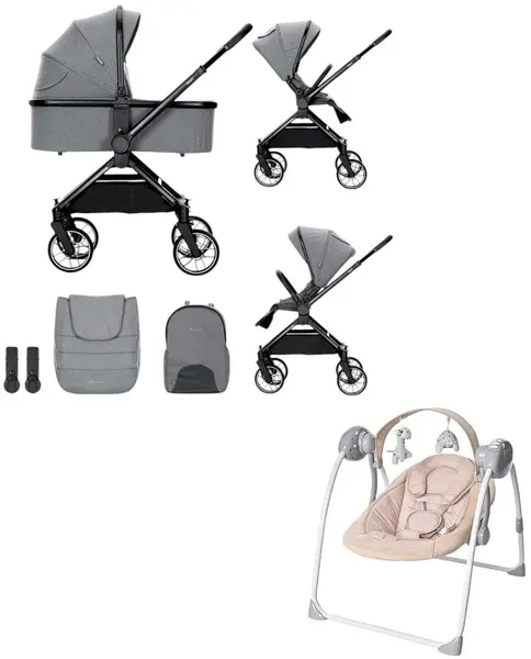 Cărucior pentru bebeluși 2 în 1 Lorelli Premium - Reya, gri + leagăn - Portofino, Beige Dots
