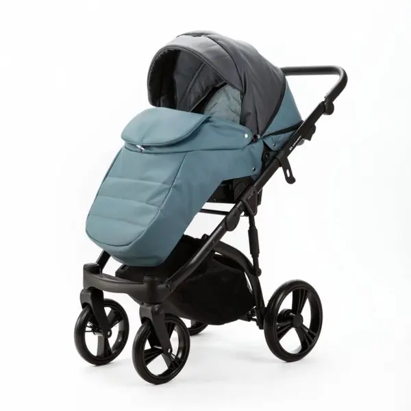 Carucior pentru copii 2 in 1, Adamex Lanti SD42, pliabil, landou cu salteluta, copertina reglabila, roti frontale pivotante 360, cu dubla suspensie si husa de ploaie inclusa, Full EcoLeather, Blue Shadow