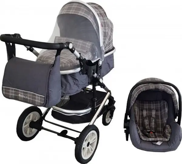 Carucior pentru copii Baby Care Pro 530 Gri Jeans Carouri 3 in 1 Transformabil, Cadru Aluminiu, Amortizoare, Roti din cauciuc, Spatar reglabil 3 trepte, Plasa insecte, Geanta