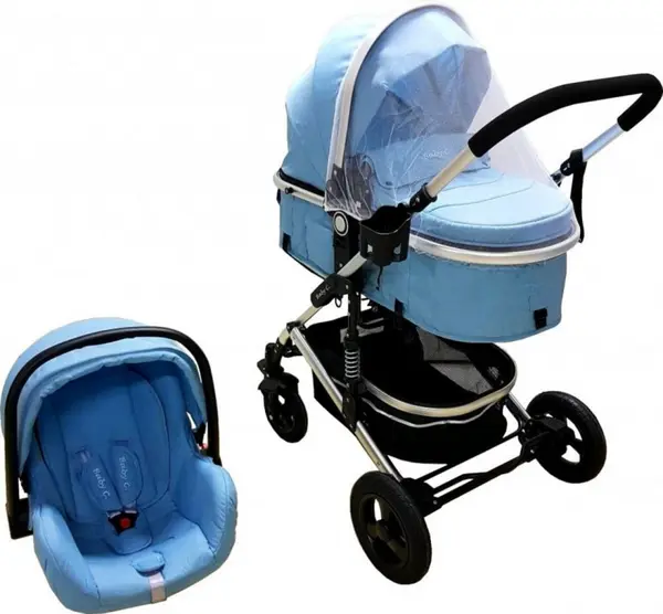 Carucior pentru copii Baby Care PRO 531 Albastru 3 in 1, Cadru Aluminiu, Amortizoare, Roti din cauciuc plin, Landou, Scoica auto, Spatar reglabil 3 trepte, Plasa insecte