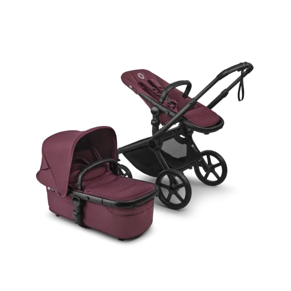 Carucior pentru copii Bugaboo Fox 5 Renew Black Dark Cherry 2 in 1 cu maner reglabil, reversibil, suspensii, cadru din aluminiu