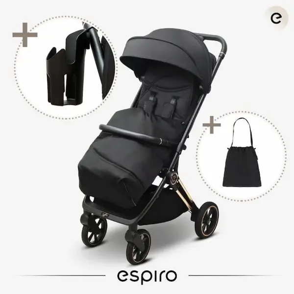 Carucior pentru copii Espiro Flame Intense truffles 0-22 kg pliabil, cu suspensii, spatar reglabil, geanta, husa pentru picioare si suport pentru pahar