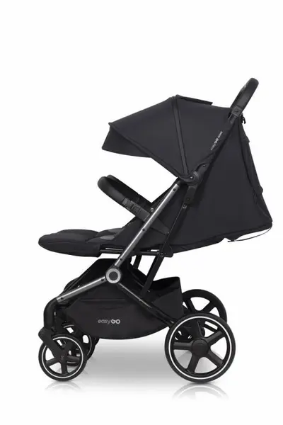 Carucior pentru copii gemeni, EasyGo Echo 2 in 1, omologat EN1888, Pliabil, cu Landouri textile, copertine independente reglabile si detasabile, suspensii, spatar reglabil, cu 2 huse de picioruse incluse, Ebony Black