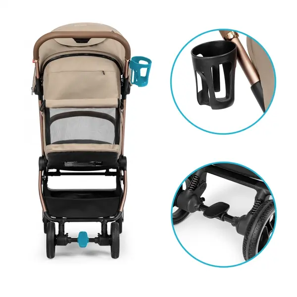 Carucior pentru copii Kidnort Sjooter Beige, pliabil, compact, spatar reglabil, copertina pliabila si impermeabila UV50+, compatibil avion, roti cu suspensie, accesorii incluse, pana la 22 kg