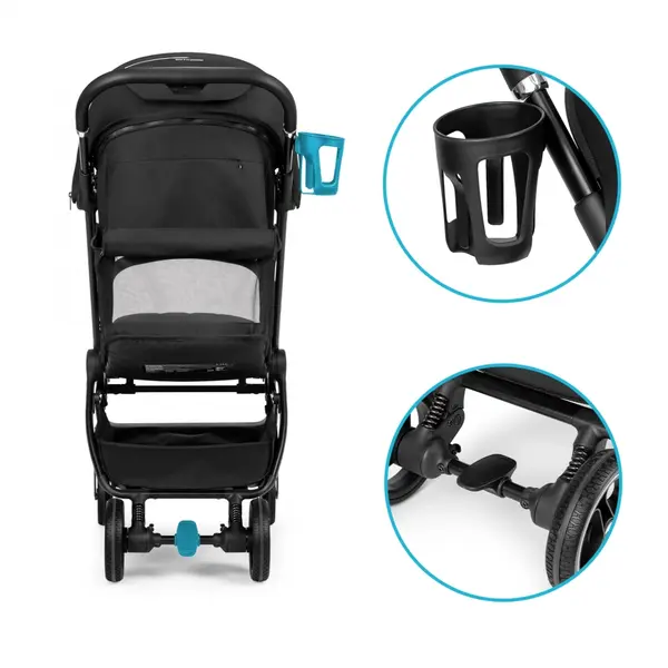 Carucior pentru copii Kidnort Sjooter Black, pliabil, compact, spatar reglabil, copertina pliabila si impermeabila UV50+, compatibil avion, roti cu suspensie, accesorii incluse, pana la 22 kg