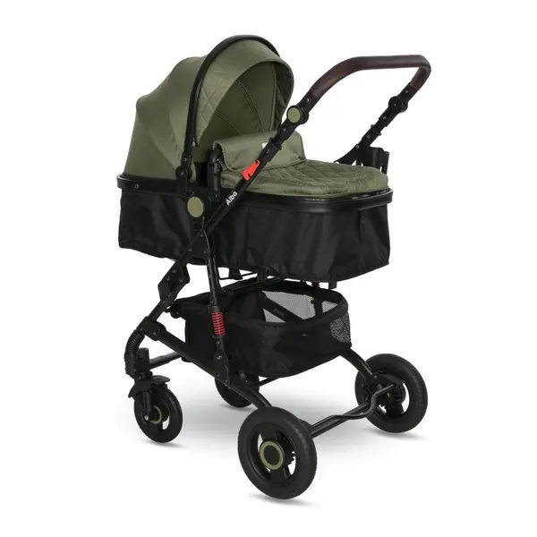 Carucior pentru copii Lorelli Alba Premium Loden Green 0-3 ani, landou transformabil, adaptori scoica, cadru din aluminiu, maner ajustabil, sezut reversibil, suspensii, suport pentru sticla, bara detasabila, maxim 15 kg