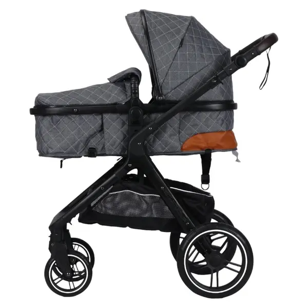 Carucior pentru copii Novokids X1000 series Gri 3 in 1 ,reversibil, cu geanta bebe, cadru aluminiu, amortizoare, roti din cauciuc, landou, scoica auto, spatar reglabil 3 trepte, plasa insecte