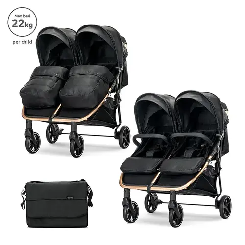 Carucior pentru gemeni Lorelli Duo, pana la 22 kg per copil, cadru din aluminiu, spatar reglabil pozitii multiple, geanta inclusa, Negru