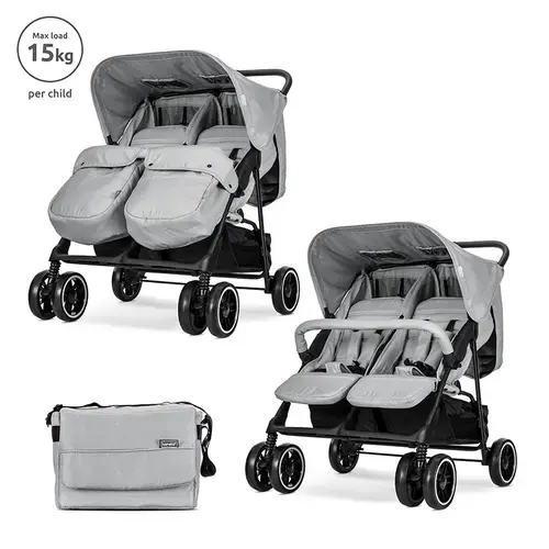 Carucior pentru gemeni Lorelli Twin, reglabil individual, pana la 15 kg per copil, geanta pentru mama inclusa, Gri