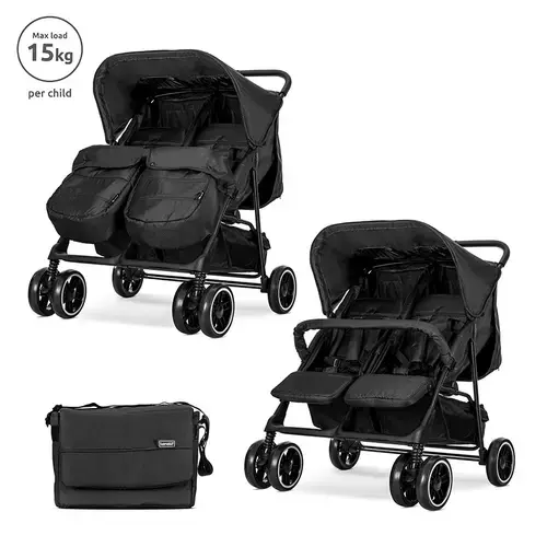 Carucior pentru gemeni Lorelli Twin, reglabil individual, pana la 15 kg per copil, geanta inclusa, Negru