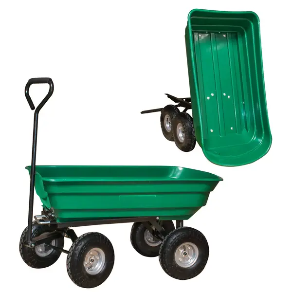 Carucior pentru gradina si curte, cuva basculanta, 125 L, roti cauciuc, verde