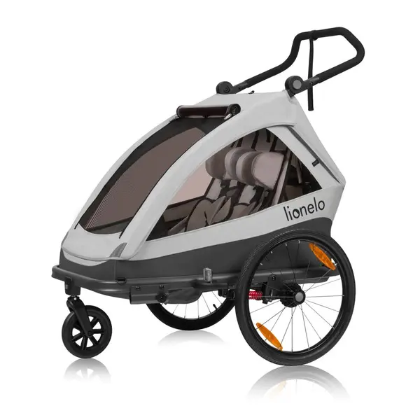 Carucior si remorca de bicicleta, Lionelo, Cama, Multifunctional, Pentru 1 sau 2 copii, Cu sistem de absorbtie a socurilor SIQ, Geamuri cu protectie solara, Gri